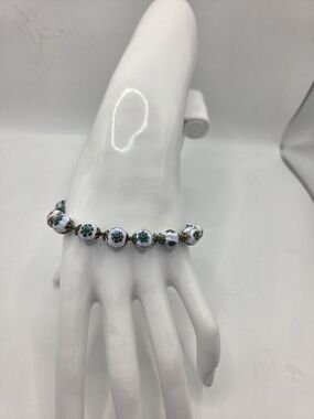 Millefiori Murano Venetian Floral Glass White Cloisonné Bead Bracelet
